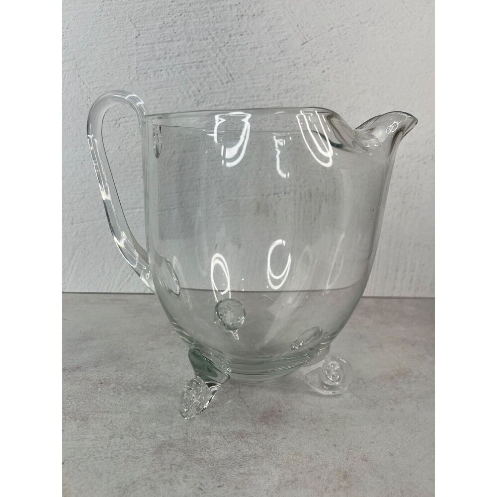 Vintage Blown Clear Glass Pitcher With Three Legs & Handle Unique MCM Diffrent